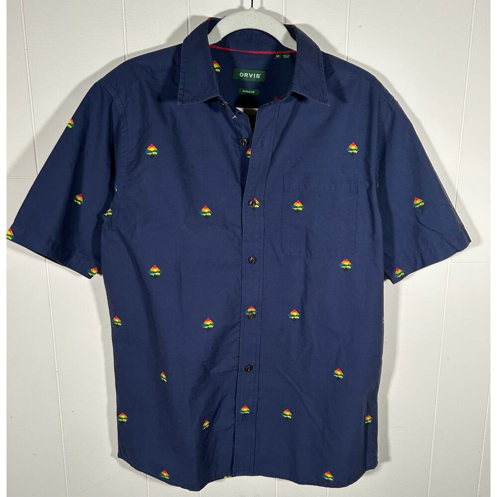 Orvis Men Medium‎ Short Sleeve Button Up Shirt Cotton Navy Camp Gorpcore Outdoor